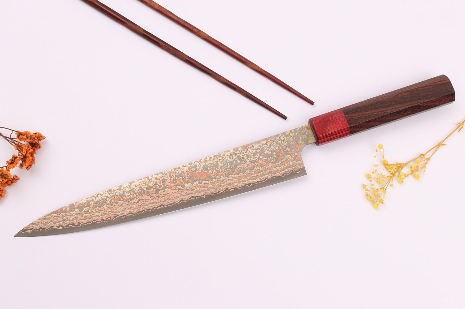 Couteau sujihiki 24cm japonais artisanal Takeshi Saji VG10 Rainbow Nashiji