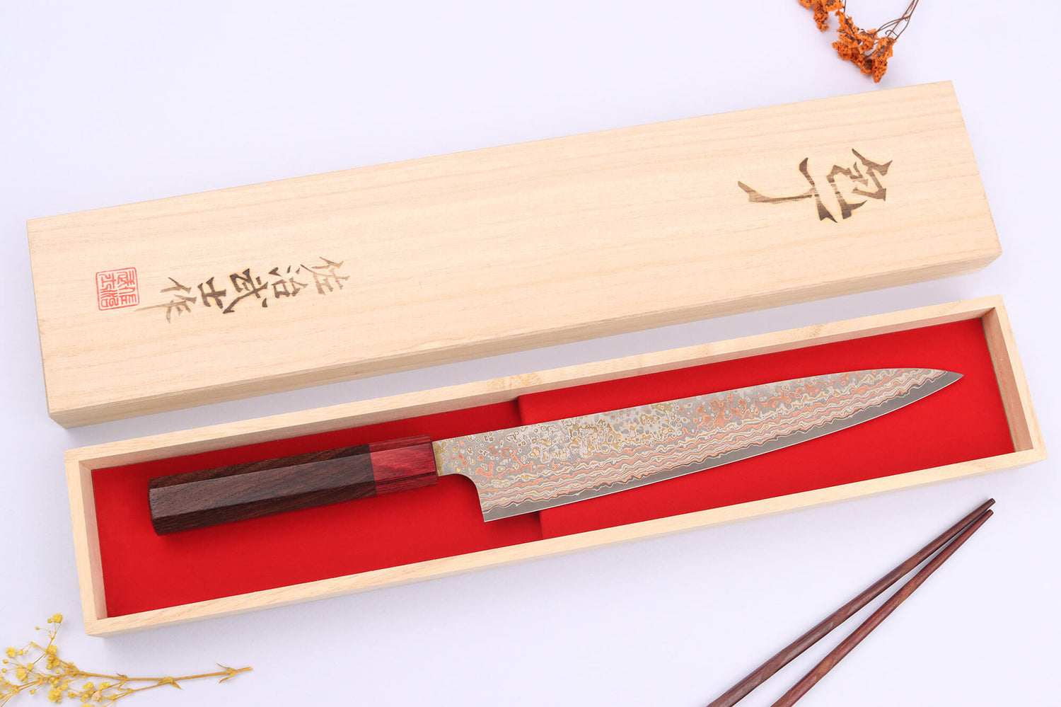 Couteau sujihiki 24cm japonais artisanal Takeshi Saji VG10 Rainbow Nashiji