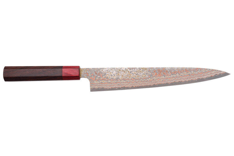 Couteau sujihiki 24cm japonais artisanal Takeshi Saji VG10 Rainbow Nashiji