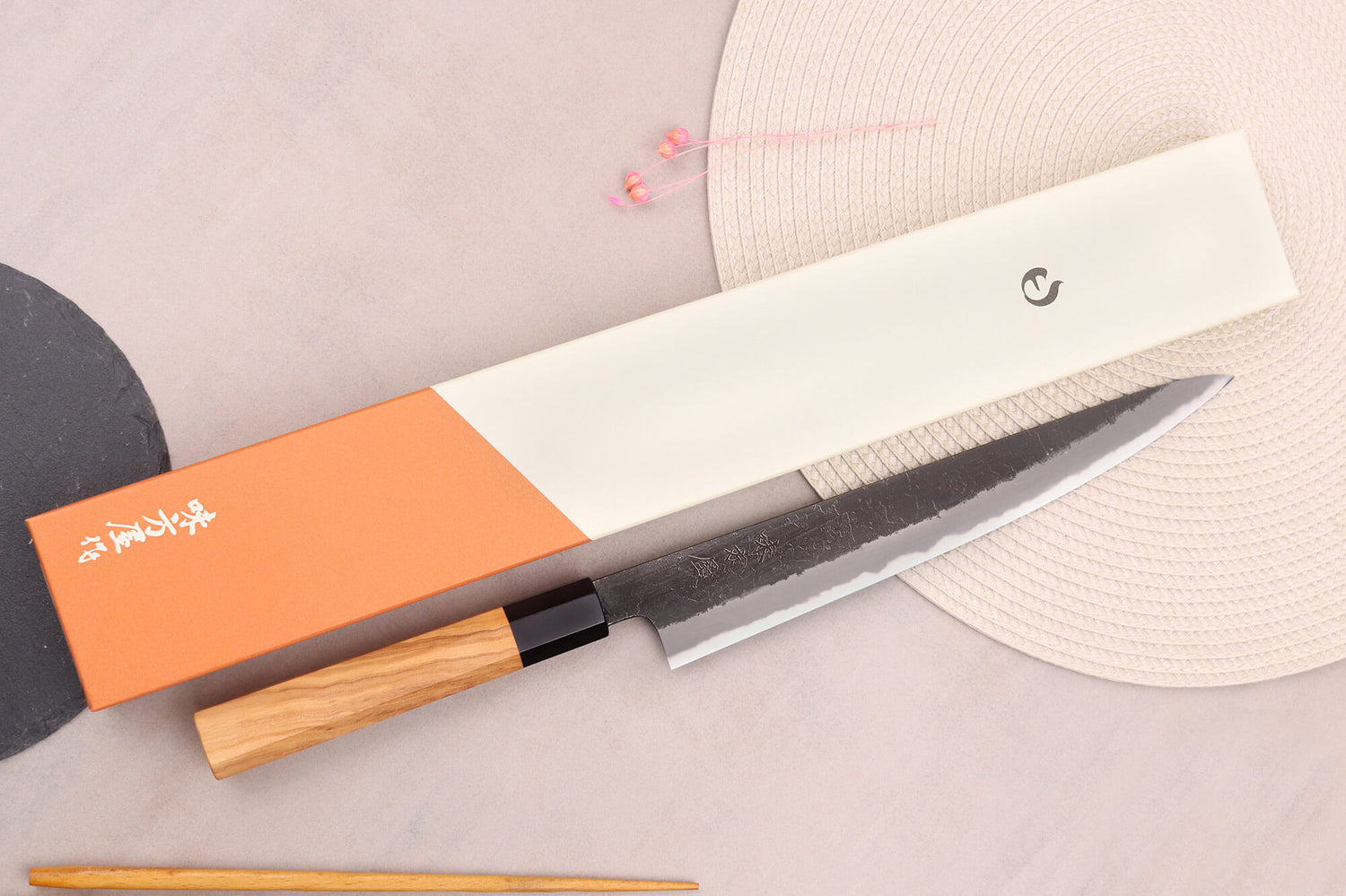 Couteau sujihiki 24cm japonais artisanal Hinoura Mutsumi Ajikataya Black Nashiji