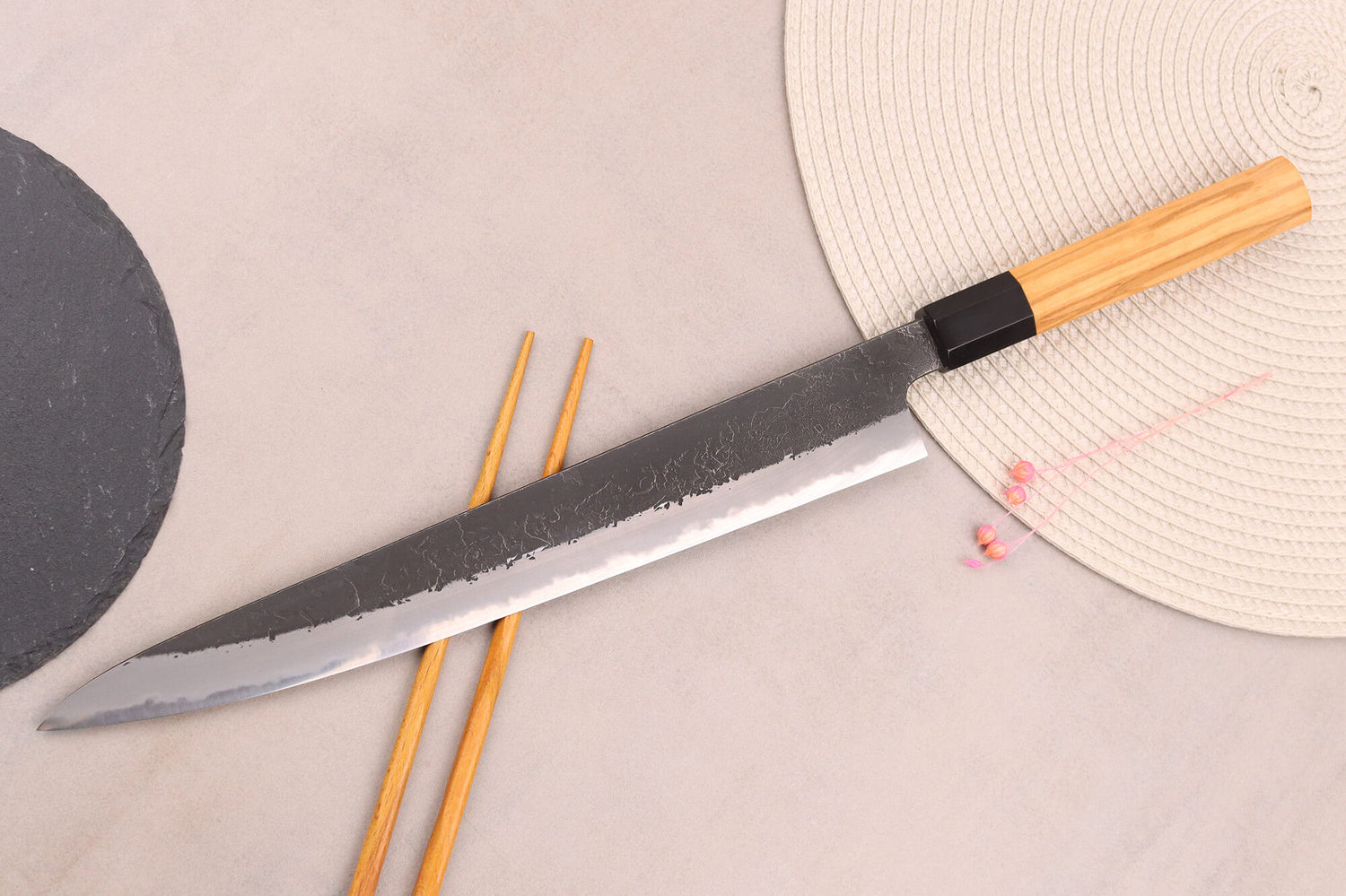 Couteau sujihiki 27cm japonais artisanal Hinoura Mutsumi Ajikataya Black Nashiji