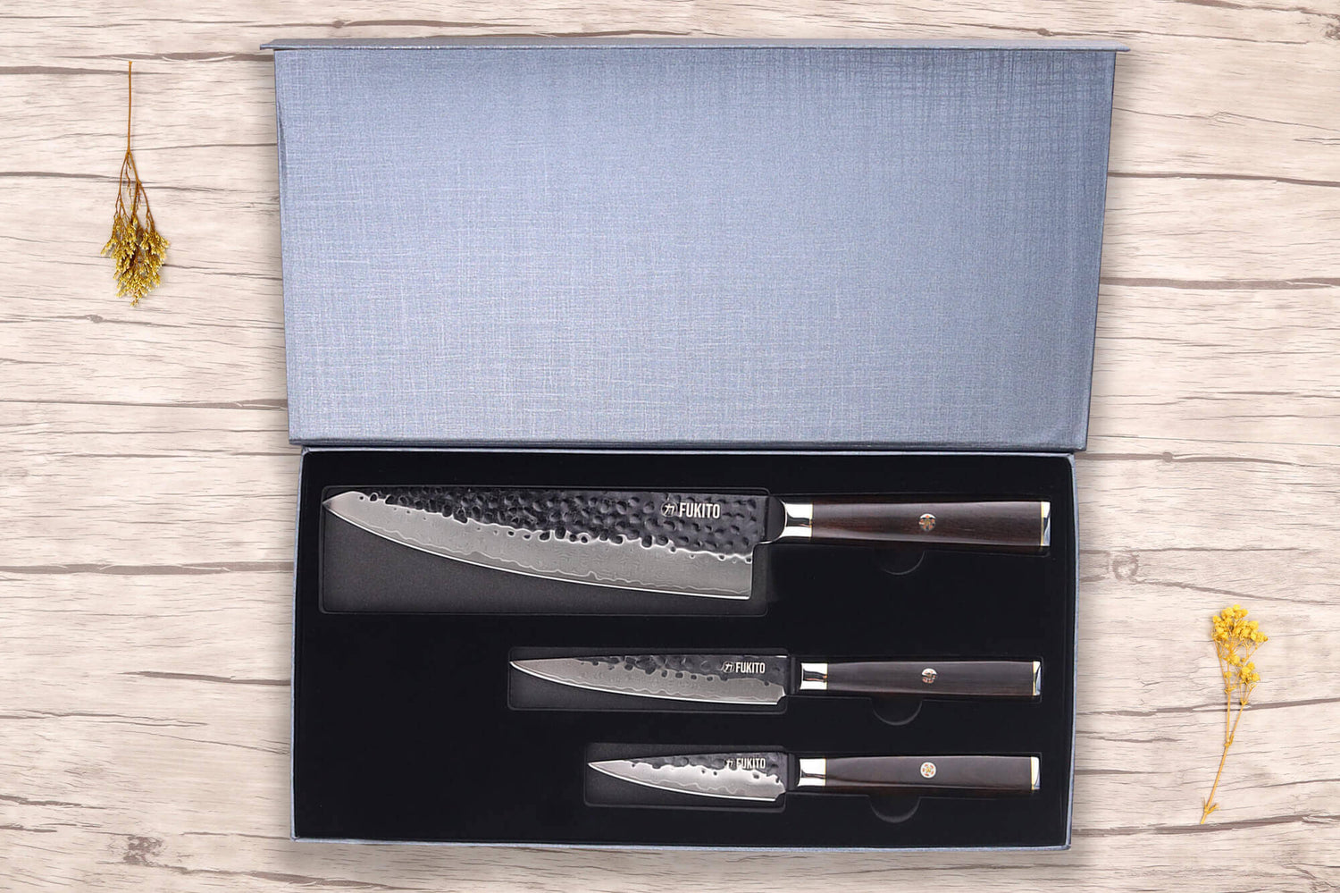 Coffret 3 couteaux Fukito Ébène Damas VG10 Chef + Universel + Office