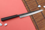 Couteau yanagiba 24cm japonais artisanal Hatsukokoro Shirasagi manche en ébène