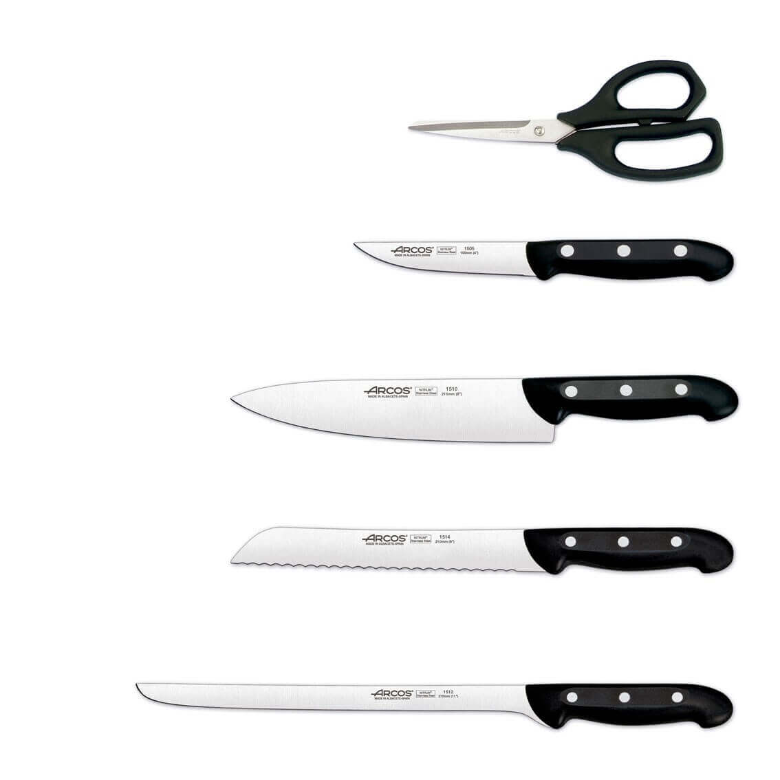 Bloc en pin 4 couteaux + 1 ciseaux Arcos MAITRE lames acier inox NITRUM