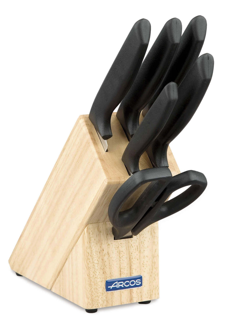 Bloc en hévéa 5 couteaux + ciseaux Arcos NIZA lames acier inox NITRUM