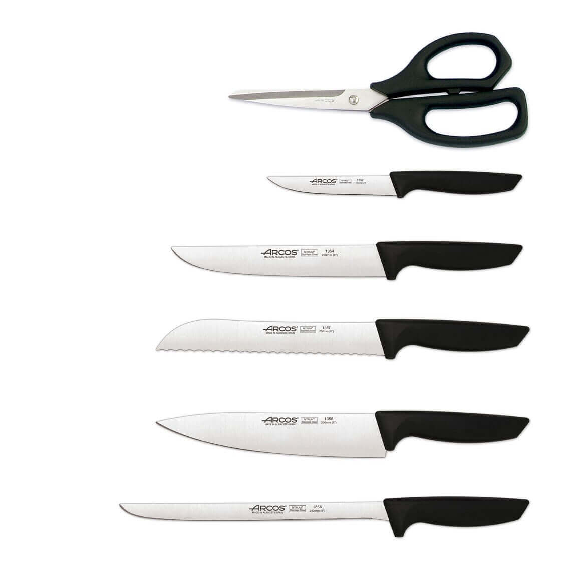 Bloc en hévéa 5 couteaux + ciseaux Arcos NIZA lames acier inox NITRUM