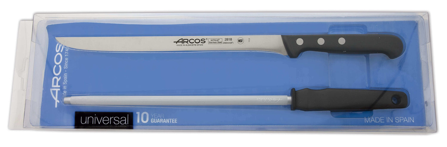 Coffret couteau à jambon + fusil Arcos UNIVERSAL lame acier inox NITRUM
