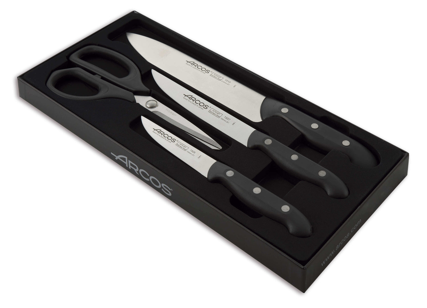 Coffret 3 couteaux + 1 ciseaux Arcos MAITRE lame acier inox NITRUM