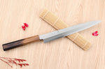 Couteau yanagiba 27cm japonais artisanal Nakamura Kaishin Saku WS2 en chêne