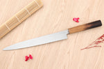 Couteau yanagiba 27cm japonais artisanal Nakamura Kaishin Saku WS2 en chêne