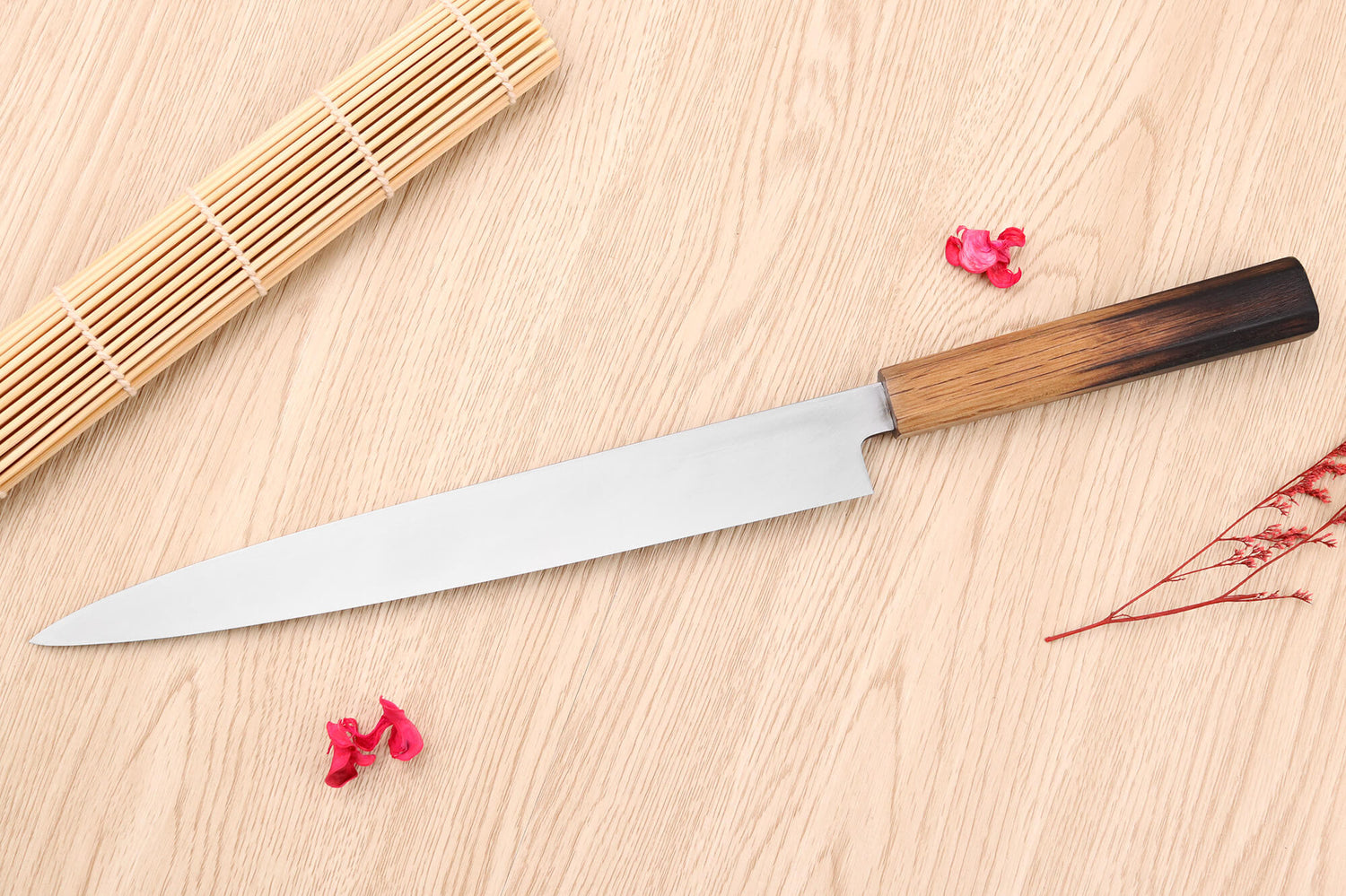 Couteau yanagiba 27cm japonais artisanal Nakamura Kaishin Saku WS2 en chêne