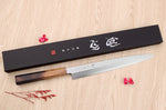 Couteau yanagiba 27cm japonais artisanal Nakamura Kaishin Saku WS2 en chêne