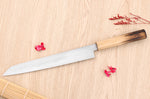 Couteau yanagiba kiritsuke 24cm japonais artisanal Nakamura Kaishin Saku WS2 en chêne
