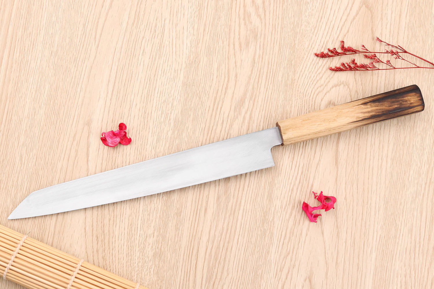 Couteau yanagiba kiritsuke 24cm japonais artisanal Nakamura Kaishin Saku WS2 en chêne