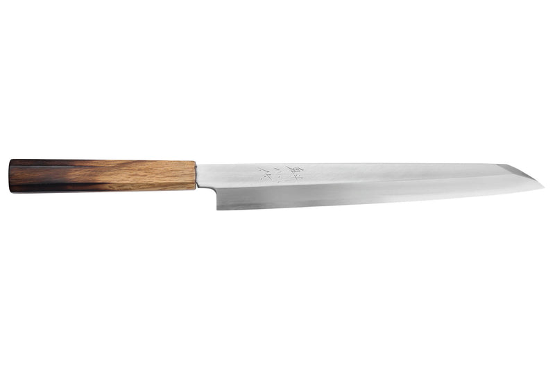 Couteau yanagiba kiritsuke 27cm japonais artisanal Nakamura Kaishin Saku WS2 en chêne
