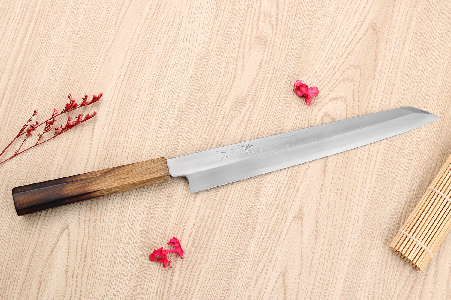Couteau yanagiba kiritsuke 27cm japonais artisanal Nakamura Kaishin Saku WS2 en chêne