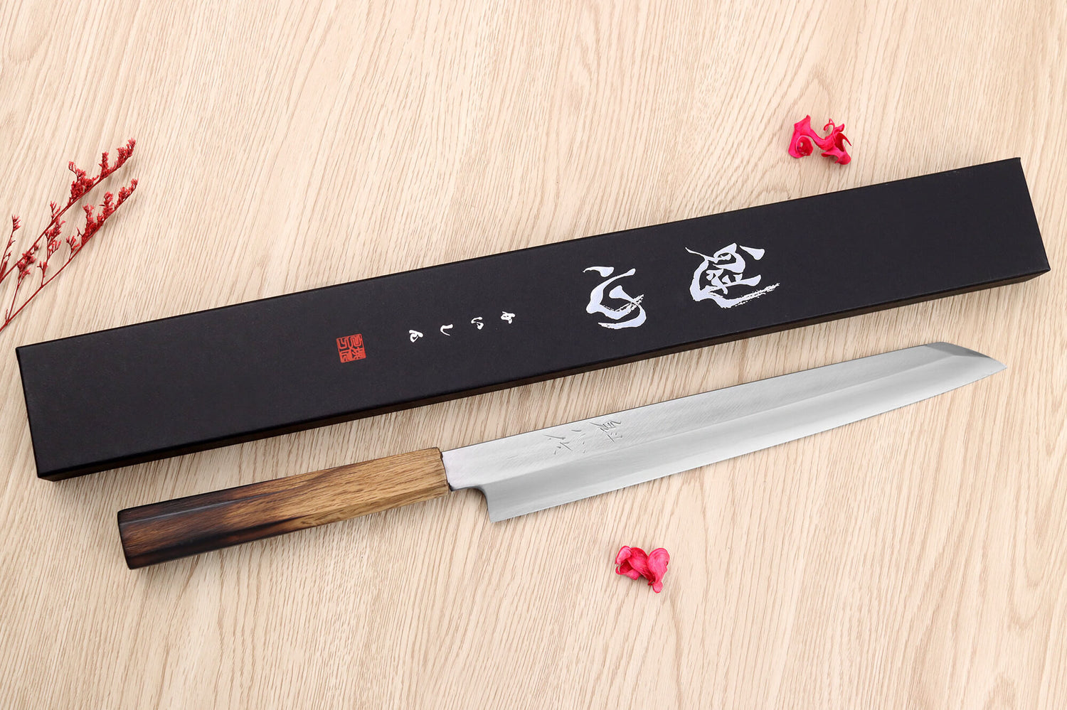 Couteau yanagiba kiritsuke 27cm japonais artisanal Nakamura Kaishin Saku WS2 en chêne