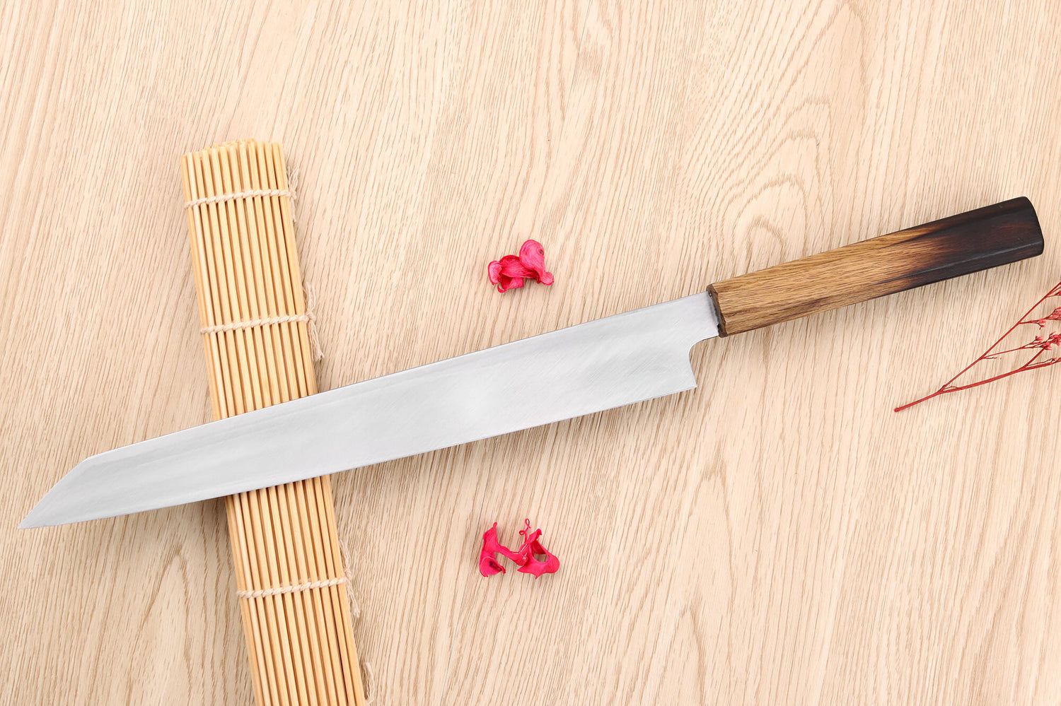 Couteau yanagiba kiritsuke 27cm japonais artisanal Nakamura Kaishin Saku WS2 en chêne