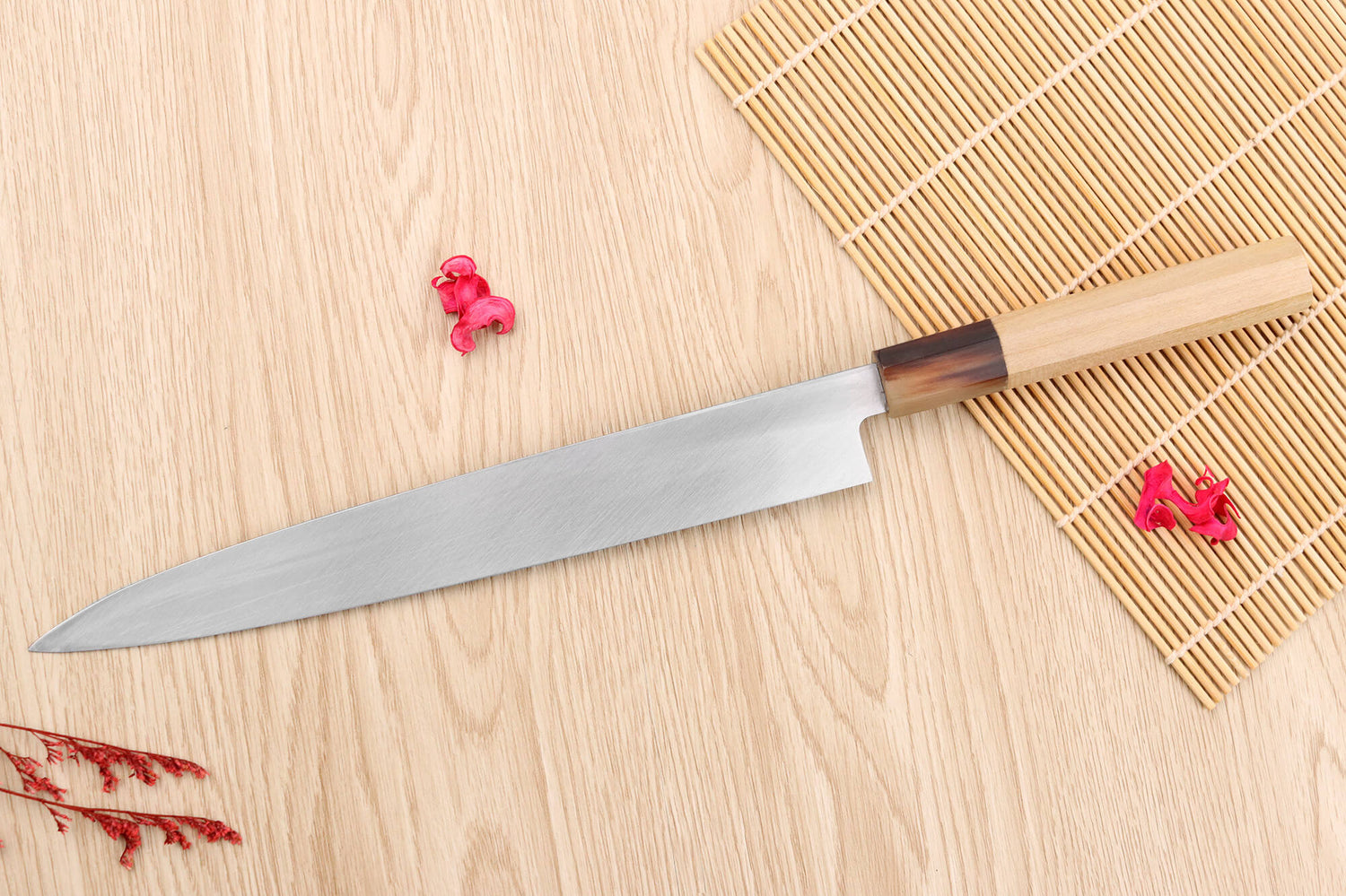 Couteau yanagiba 24cm japonais artisanal Nakamura Kaishin Saku WS2 en magnolia
