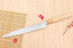 Couteau yanagiba 27cm japonais artisanal Nakamura Kaishin Saku WS2 en magnolia