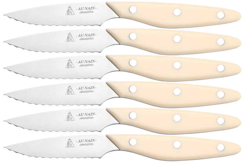 Coffret 6 couteaux à steak Au Nain Brasserie ivoire microdentés