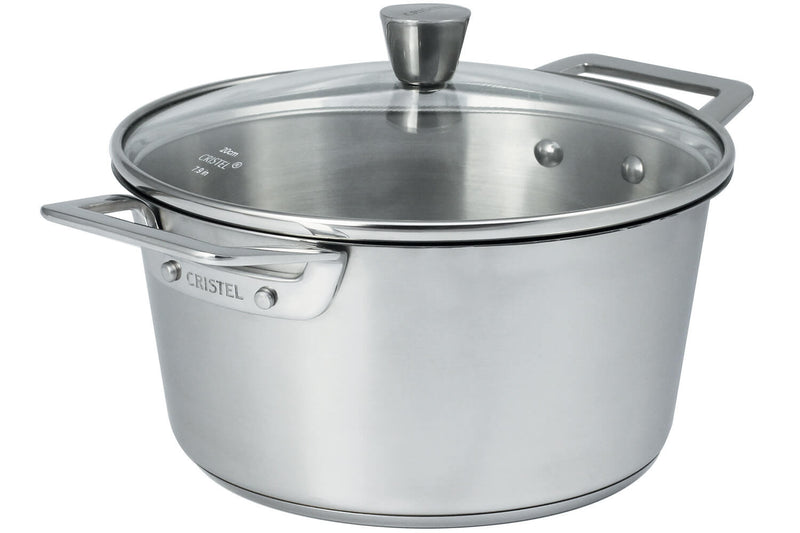 Faitout Cristel 1826 en acier inoxydable 18/10 brossé + couvercle en verre bombé - 24cm