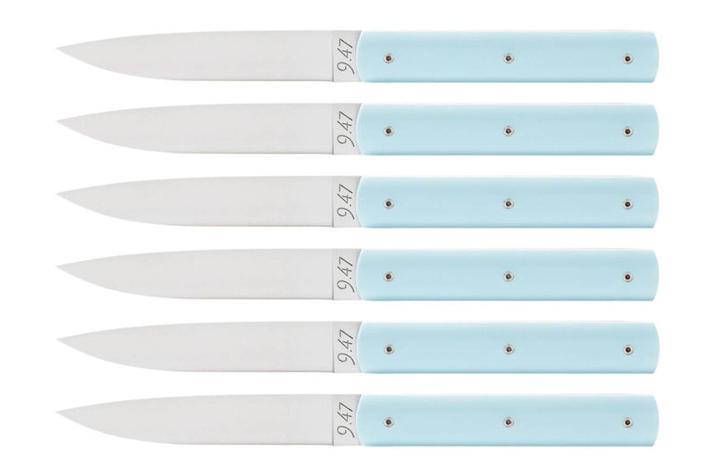 Coffret de 6 couteaux de table faits mains Perceval 9.47 bleu ciel