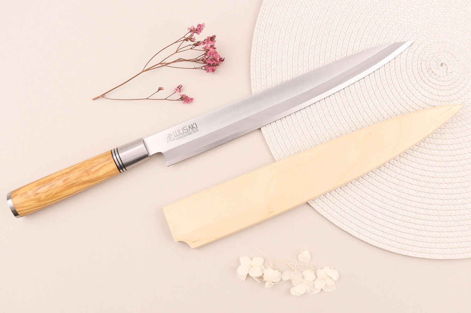 Couteau yanagiba 27cm Wusaki Olive 7Cr manche en olivier + saya