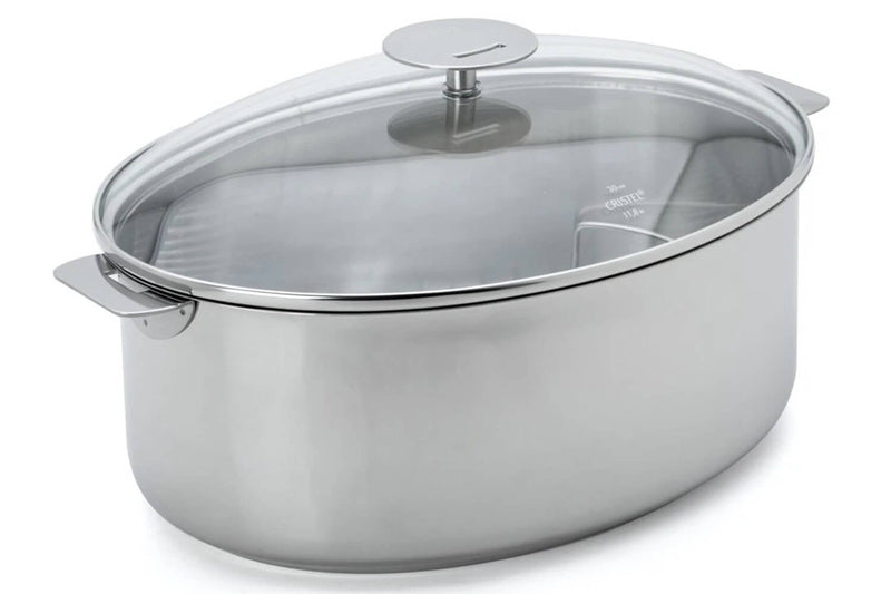 Faitout ovale Cristel Mutine amovible 30cm + grille en inox et couvercle en verre