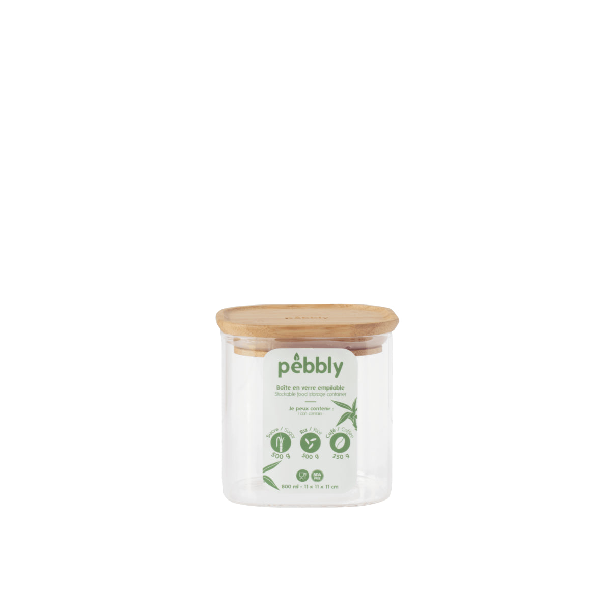 Boîte de conservation haute et carrée en verre Pebbly avec couvercle en bambou
