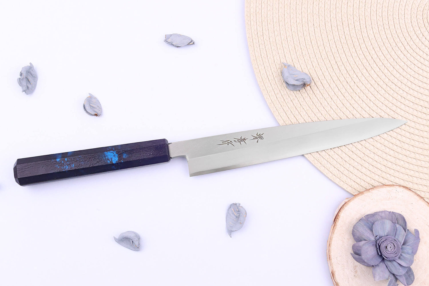 Couteau yanagiba japonais 21cm Sakai Takayuki Nanairo manche en résine laqué bleu