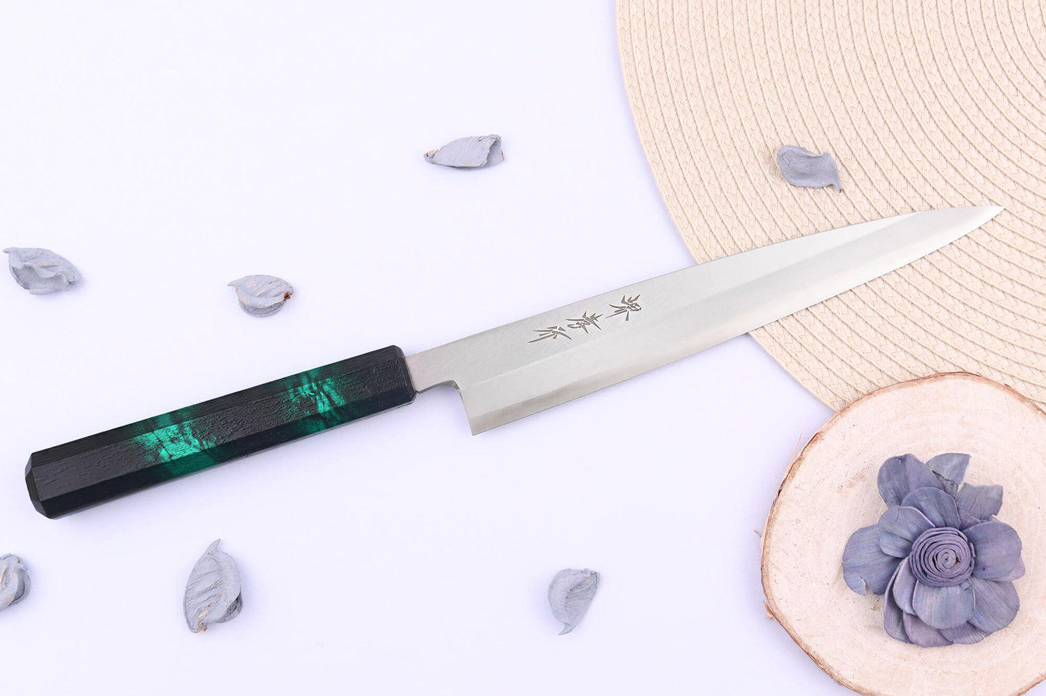 Couteau yanagiba japonais 21cm Sakai Takayuki Nanairo manche en résine laqué vert