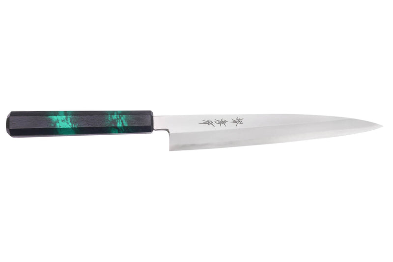 Couteau yanagiba japonais 21cm Sakai Takayuki Nanairo manche en résine laqué vert