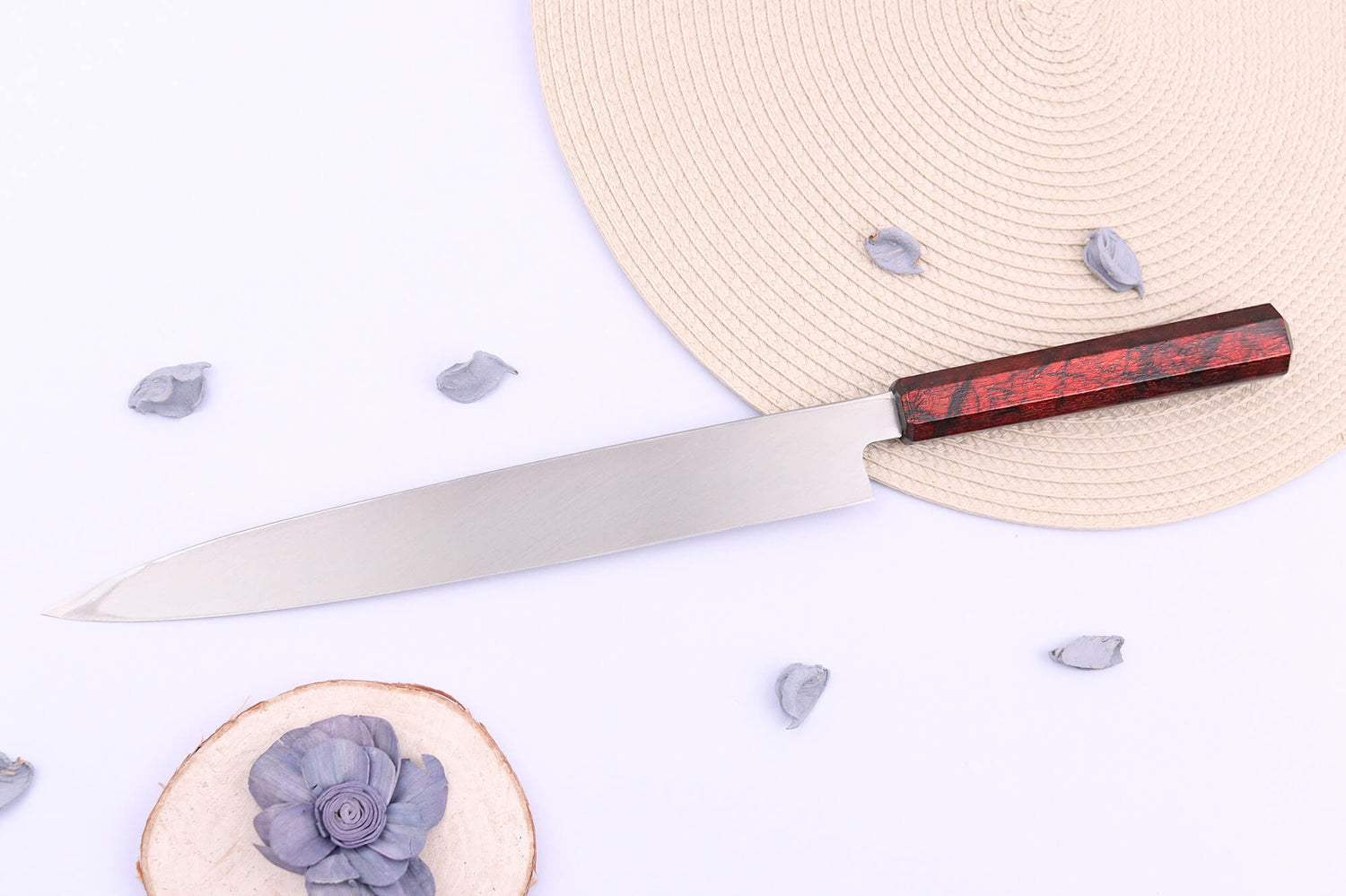 Couteau yanagiba japonais 27cm Sakai Takayuki Nanairo manche en résine laqué rouge