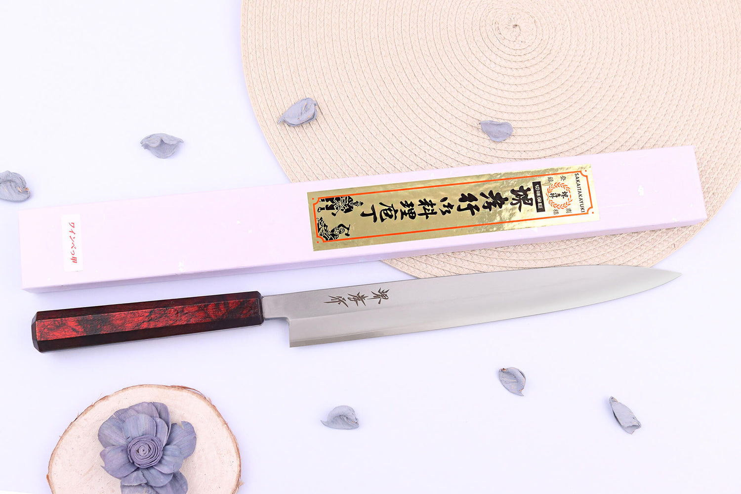 Couteau yanagiba japonais 27cm Sakai Takayuki Nanairo manche en résine laqué rouge