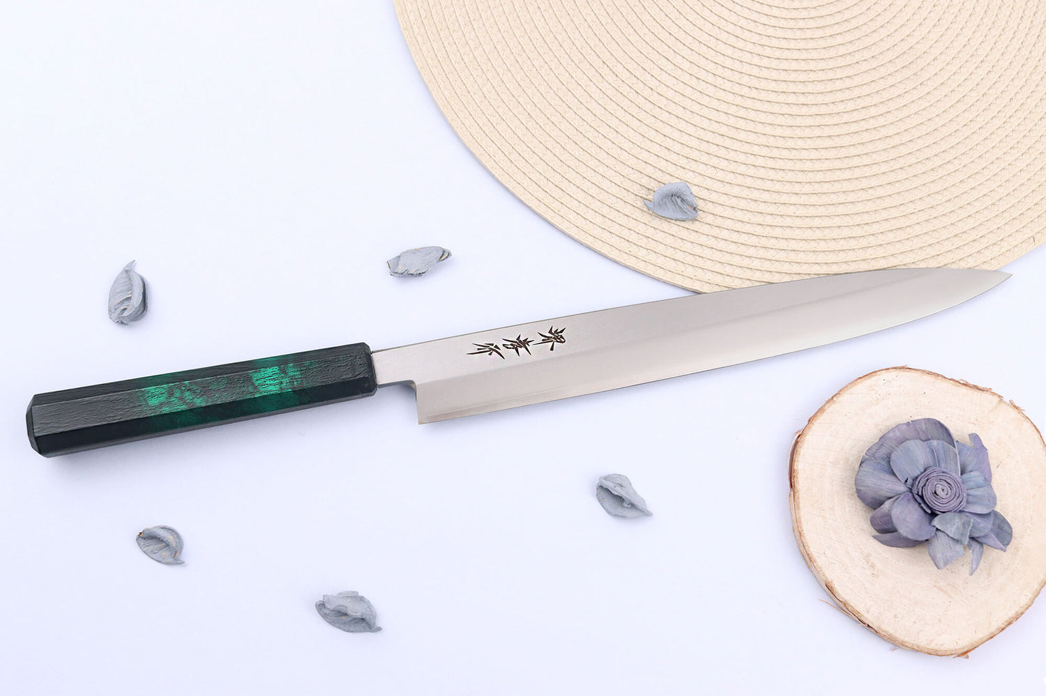 Couteau yanagiba japonais 27cm Sakai Takayuki Nanairo manche en résine laqué vert
