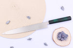 Couteau yanagiba japonais 27cm Sakai Takayuki Nanairo manche en résine laqué vert