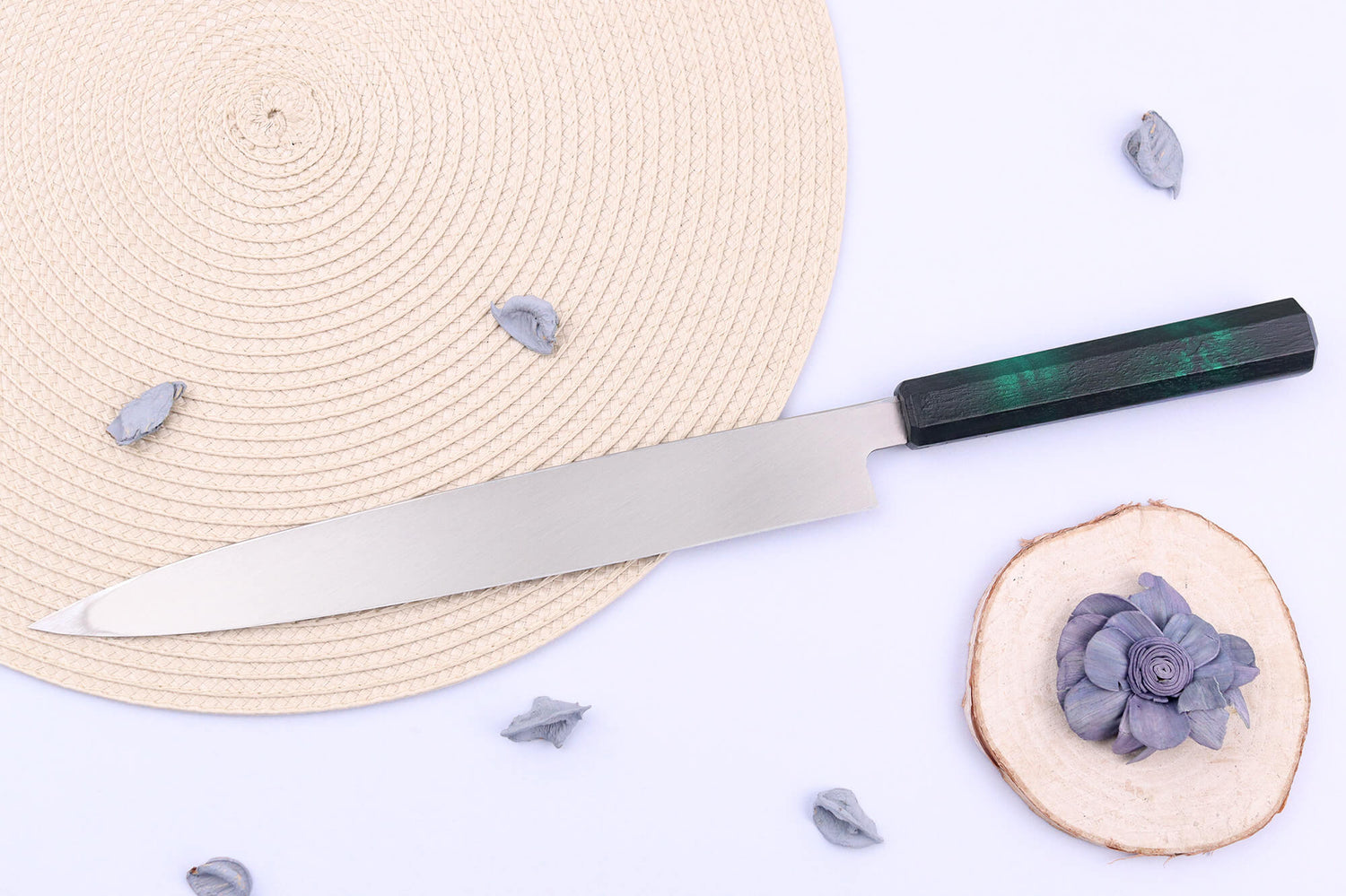 Couteau yanagiba japonais 27cm Sakai Takayuki Nanairo manche en résine laqué vert