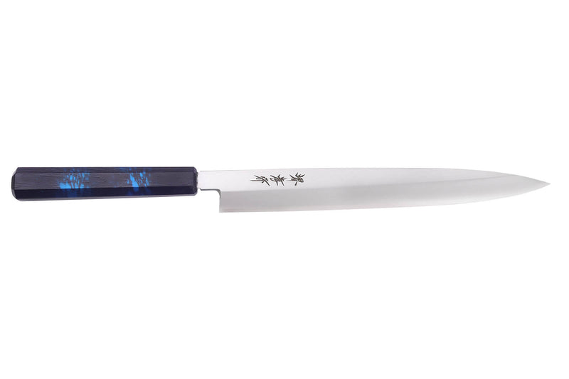 Couteau yanagiba japonais 27cm Sakai Takayuki Nanairo manche en résine laqué bleu