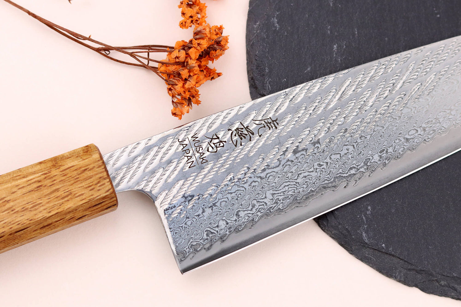 Couteau santoku 16,5cm japonais artisanal Wusaki Nawame AUS10 damas