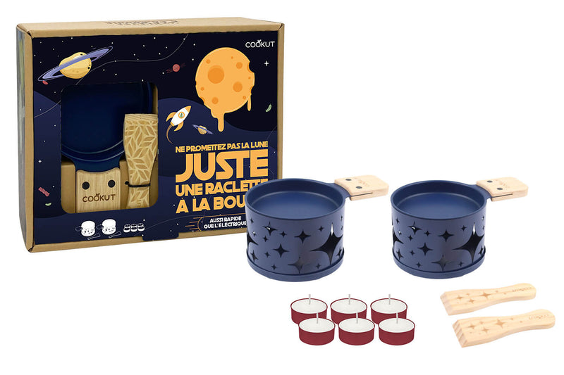 Service à raclette à la bougie Cookut Lumi pour 2 motif feuilles bleu - Ne promettez pas la Lune