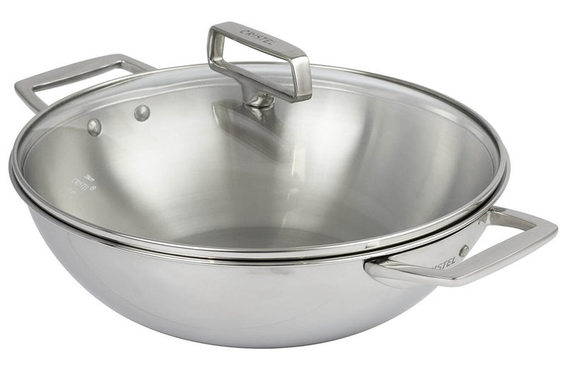 Wok Cristel Castel'Pro 28cm en acier inoxydable 18/10 3 ply 2 anses fixes avec couvercle