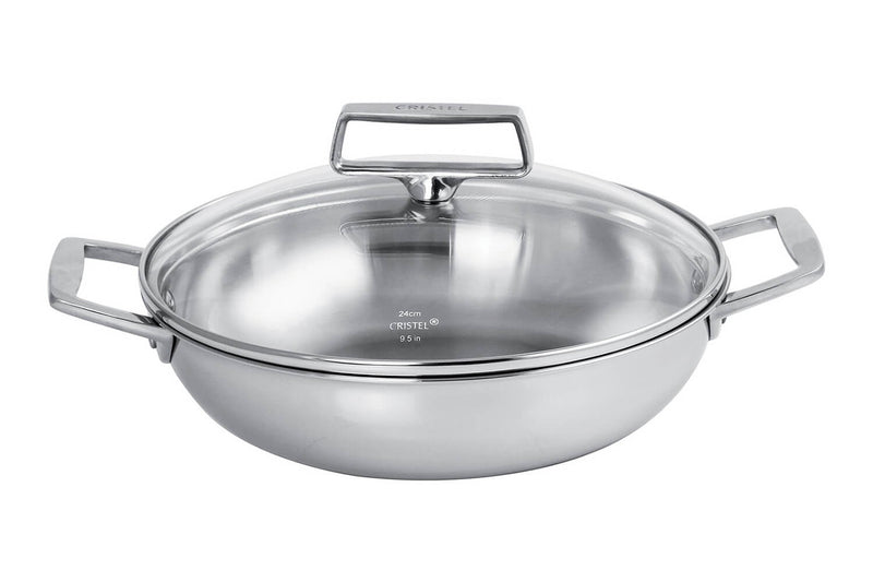 Sautoir Cristel Castel'Pro en acier inoxydable 18/10 5 ply avec 2 anses fixes + couvercle en verre - 24cm