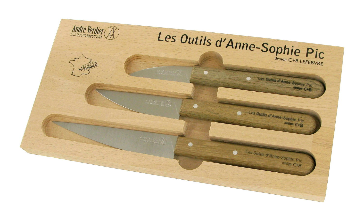 Le coffret 3 couteaux manche chêne d'Anne Sophie Pic selon André Verdier