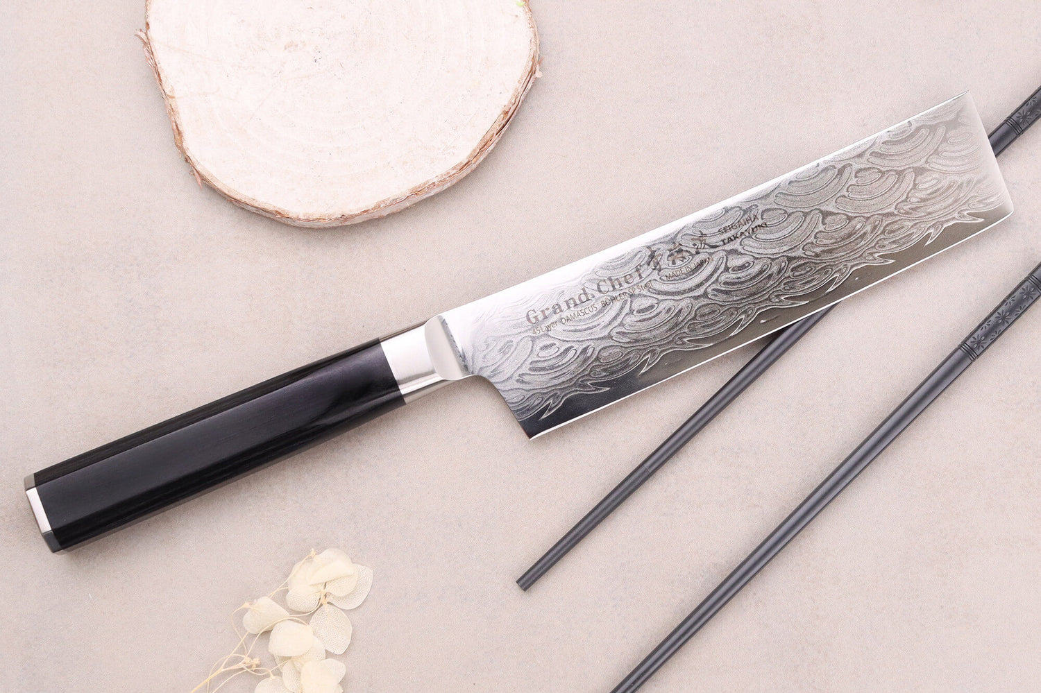 Couteau nakiri 16cm japonais Sakai Takayuki Grand Chef Seigaiha Damas 45 couches