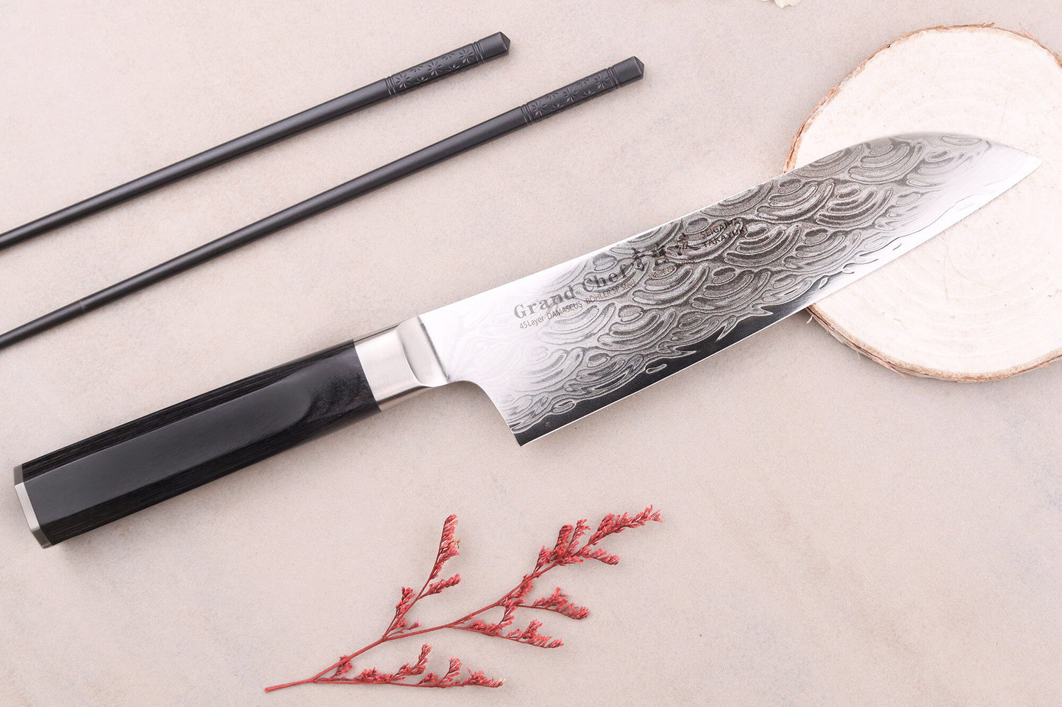 Couteau santoku 18cm japonais Sakai Takayuki Grand Chef Seigaiha Damas 45 couches