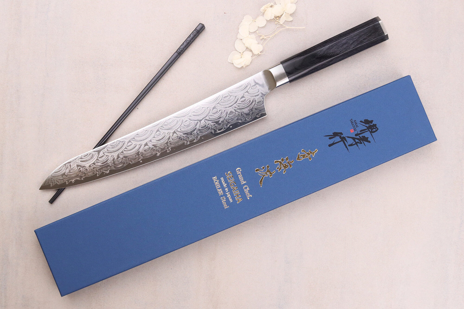 Couteau sujihiki 24cm japonais Sakai Takayuki Grand Chef Seigaiha Damas 45 couches