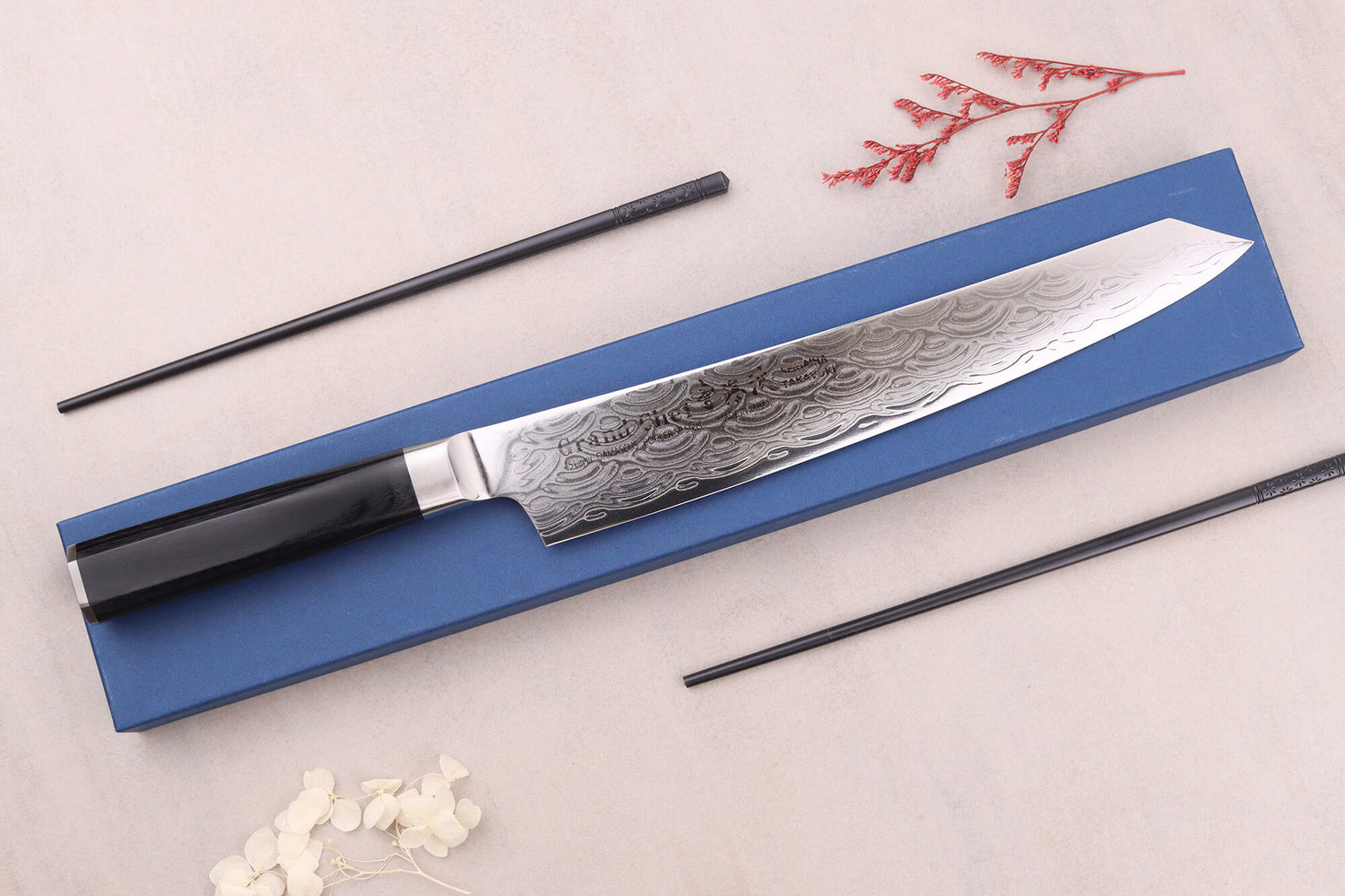 Couteau kengata sujihiki 25cm japonais Sakai Takayuki Grand Chef Seigaiha Damas 45 couches