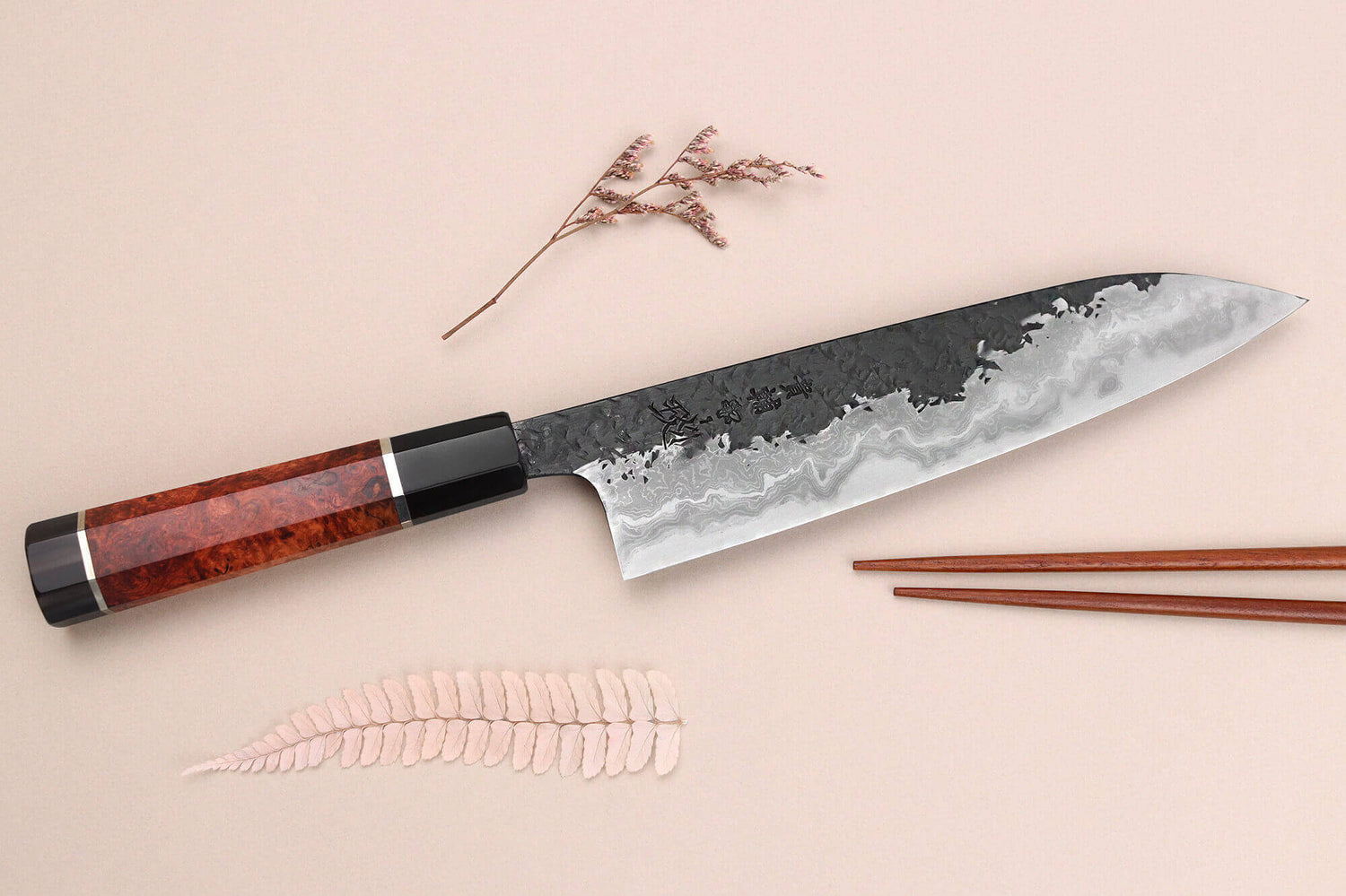 Couteau de chef 21cm japonais artisanal Kisuke Manaka Enn en cognassier avec 2 anneaux SECONDE VIE