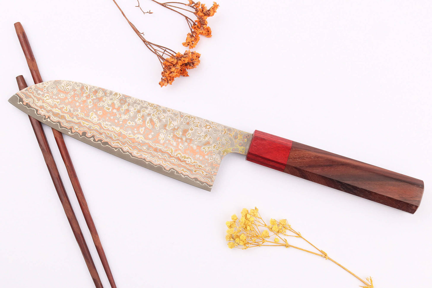 Couteau santoku 16,5cm japonais artisanal Takeshi Saji VG10 Rainbow Nashiji